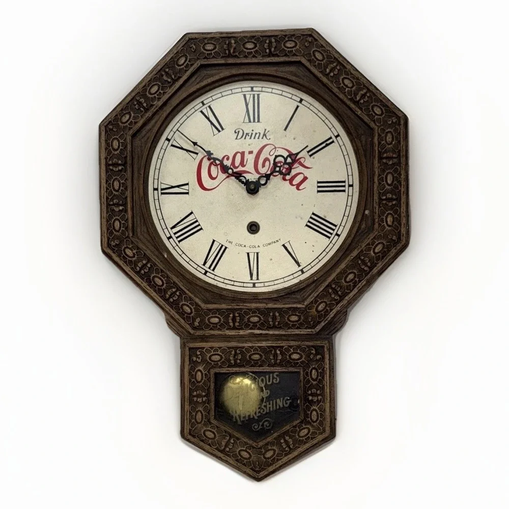 Vintage Coca Cola Pendulum Electric Wall Clock Faux Wood Grain Not Working Stuck